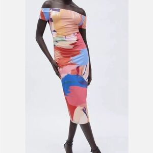 Zara PRINTED MIDI DRESS,Size Medium,Color Orange